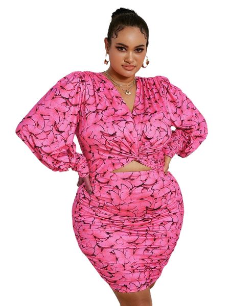 

glamaker plus allover butterfly print twist cut out bishop sleeve bodycon dress 94wb#, Black