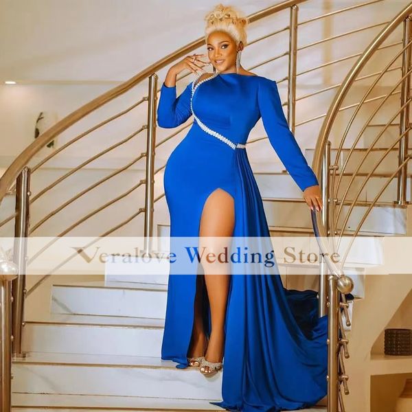

veralove blue prom dresses mermaid detachable train african women evening gowns slit satin robe de soiree de mariage, Black