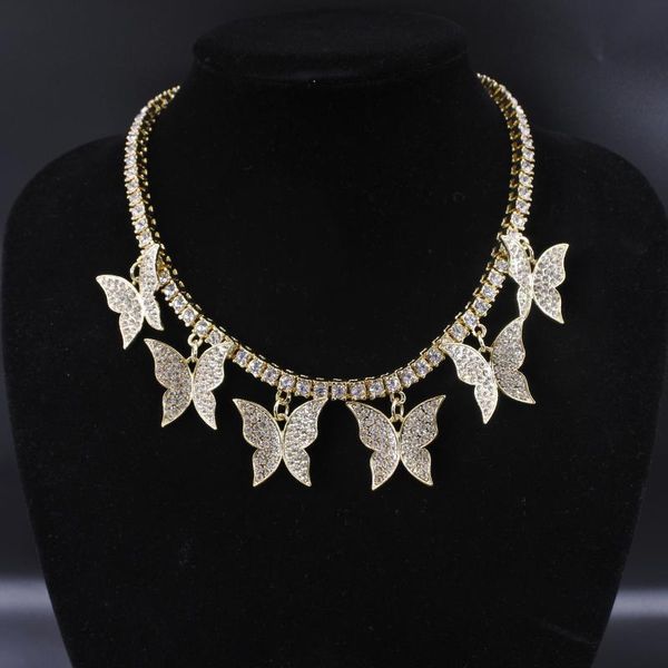 

chokers butterfly big charm necklaces women jewelry 1 row tennis chain 16inch gold silver color bling hip hop rap rock design, Golden;silver