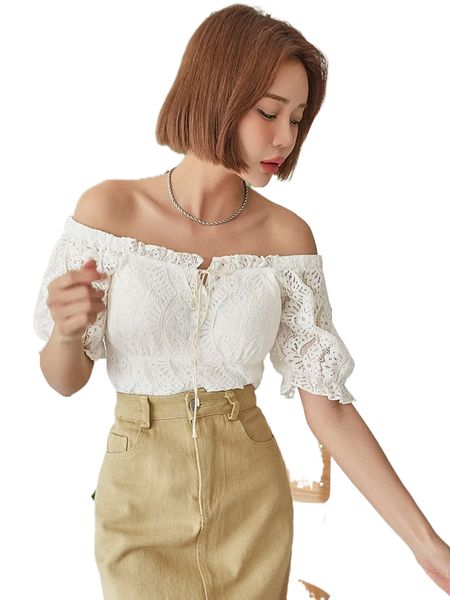 

dazy tie front frilled puff sleeve lace blouse 45fl#, White