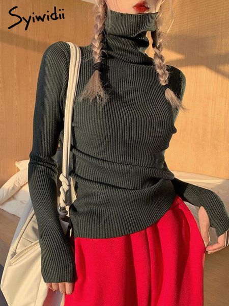 

syiwidii women turtleneck sweaters pullovers fall fashion soft jumper slim fit long sleeve winter clothes blue black 220809, White;black