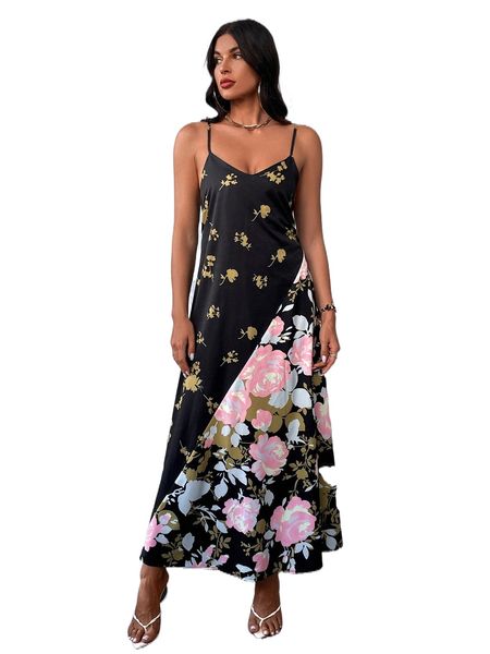 

floral print cami dress p1uo#, Black;gray