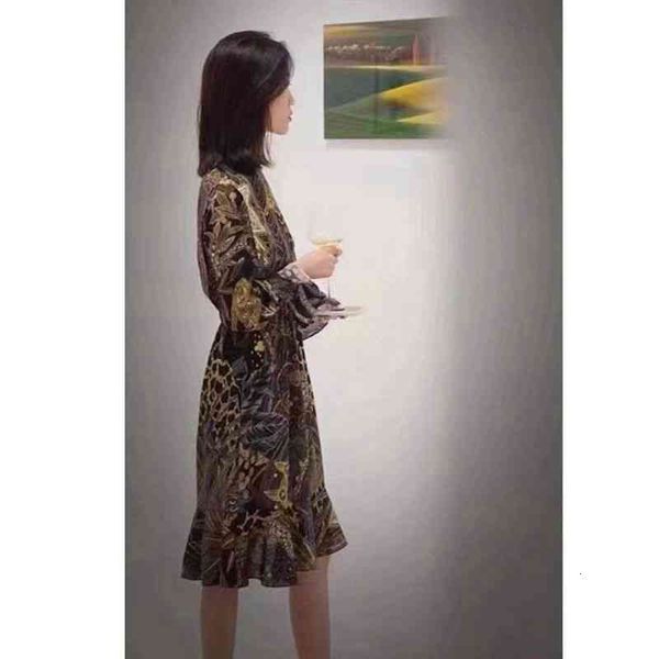 

casual dresses cav kafen spring and summer silk french interesting plant printed long sleeved fishtail dress, Black;gray