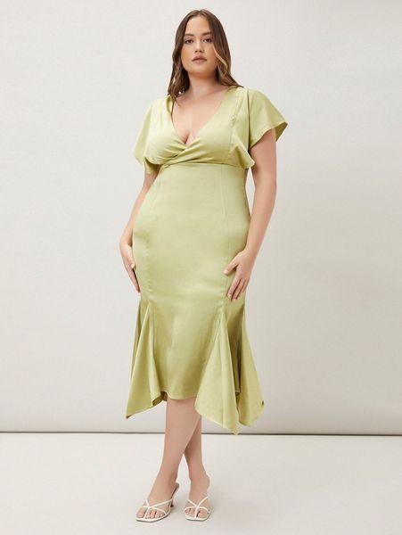 

motf premium plus plunging neck mermaid dress w1ye#, Black