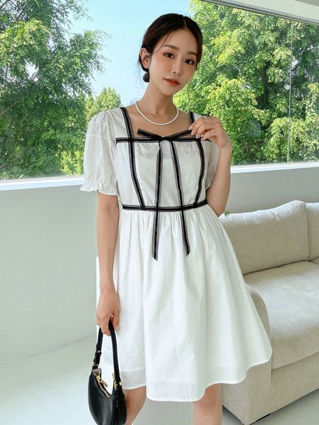 

dazy puff sleeve square neck contrast tape bow front dress e2qz#, Black;gray