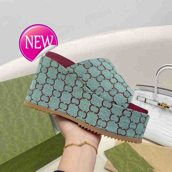 

designer slippers embroidered platform sandals fashion summer canvas women slides platforms slider beach flip flops with dust bag us12.5 1 l, Black