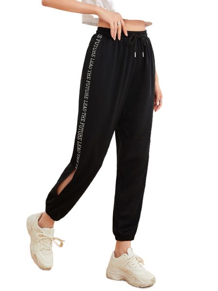 

letter tape panel cut out drawstring waist sweatpants k7ly#, Black;white