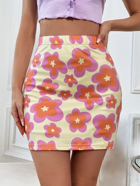 

high waist floral print bodycon skirt d9ml#, Black
