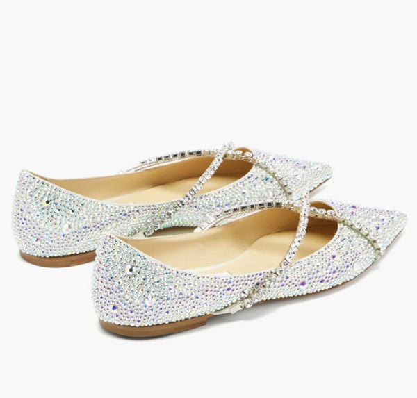 Donne da donna di lusso scarpe piatte sandali Strass Ballet piatti a punta con cristalli a catena Ginevi in ​​pelle cristallina in scatola EU35-43