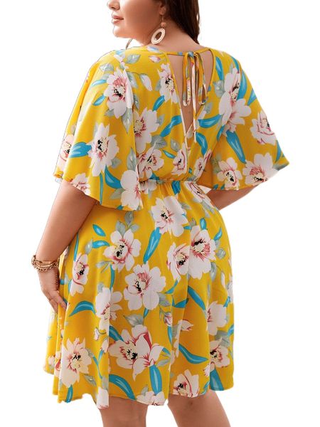 

plus floral print surplice neck butterfly sleeve tie back dress w245#, Black