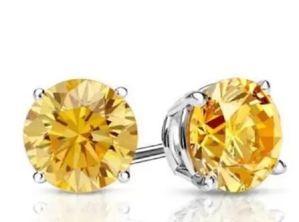 

2 ct round yellow canary earrings studs solid 14k plated huggie white gold screw back basket, Golden;silver
