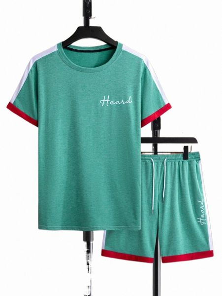 

men colorblock letter graphic tee with drawstring waist shorts 43kb#, Gray