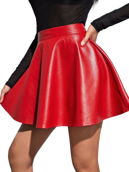 

solid pu skater skirt e3d9#, Black