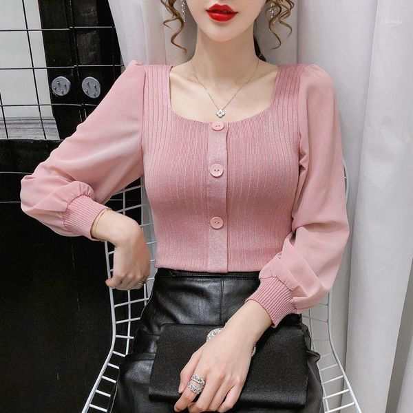 Frauen Frühling Herbst Stil Bluse Shirt Square Neck Einfarbig Taste Puff Sleeve Elegante Dünne Tops SP1062 Blusen Shirts