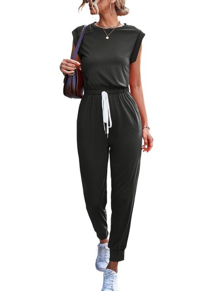 

key hole back fake drawstring waist jumpsuit 751b#, Black;white