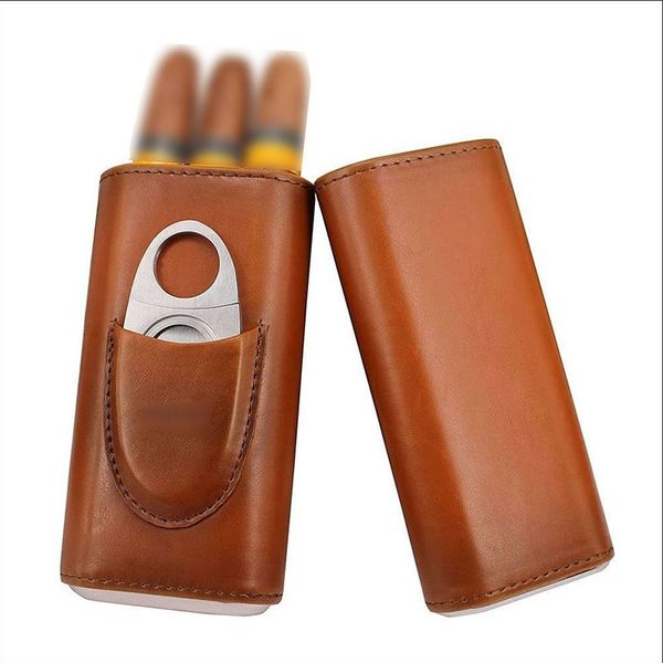 Accessori per utensili per sigari Custodia per sigari in pelle Humidor portatile con tagliasigari in acciaio inossidabile Sigari Forbici Ghigliottina Coltello Festa del papà Regalo di compleanno ZL0839