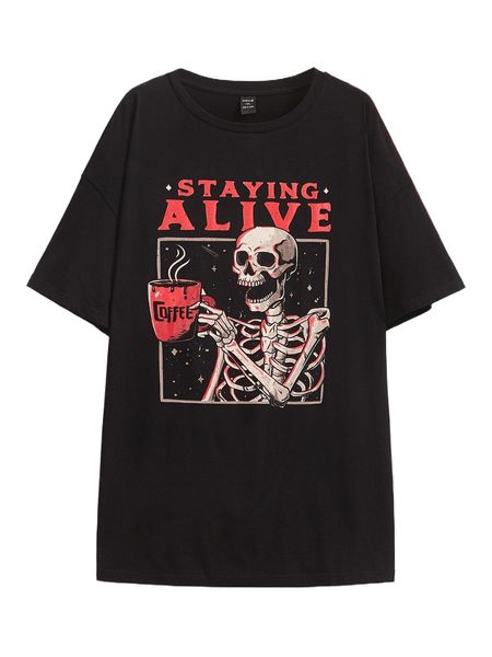 

x eduely plus skeleton & slogan graphic drop shoulder tee i8fu#, Black