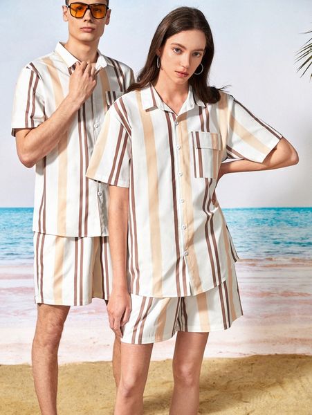 

1pc vertical striped flap pocket shirt & 1pc shorts 69q5#, Gray