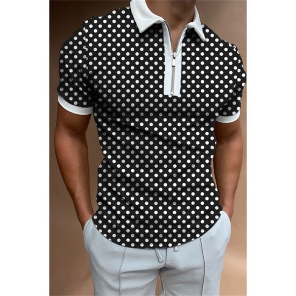 Männer Polo-Shirt Polka Dot Print Sommer Mode Kurzarm Bluse Plus Revers Zipper Tops Harajuku T-shirt Männer Streetwear 220514