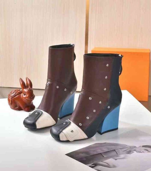 

boots martin boots rivet woman cowhide zipper metal buckle designer ankle boot 100% leather lady high heels fashion autumn winter thick heel, Black