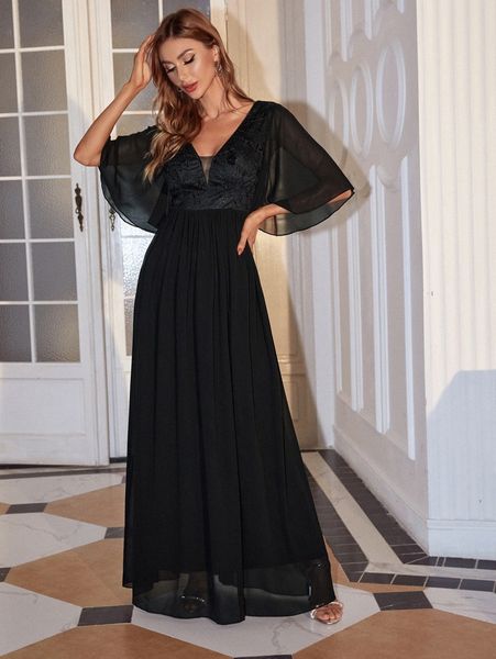 

contrast sequin butterfly sleeve chiffon dress l7fp#, Black;gray