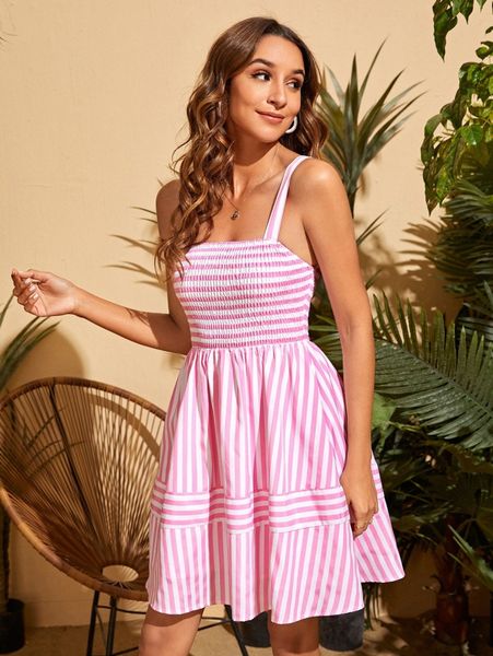 

shirred bodice striped cami dress i0zz#, Black;gray