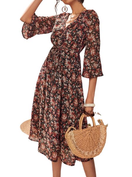 

allover floral print surplice neck belted dress w1el#, Black;gray