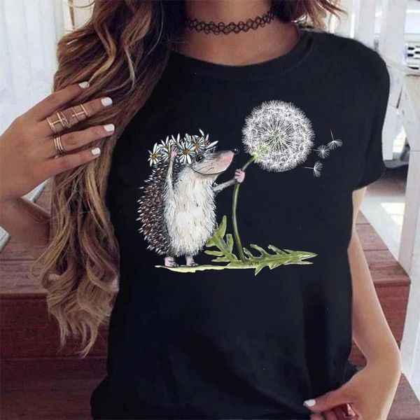 

cute t-shirt female hedgehog dandelion womens print summer casual short sleeves tee kawaii women streetwear, White