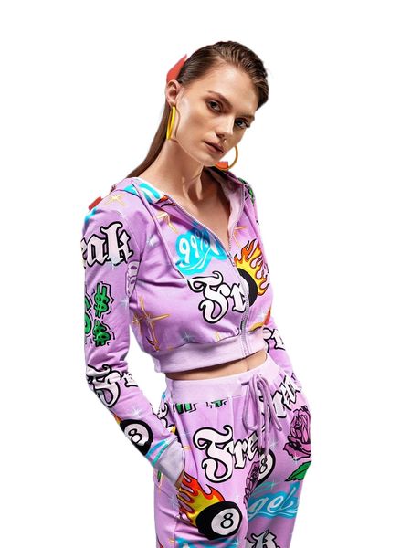 

x freak city letter & fire print zip up crop sweatshirt x5w2#, Black