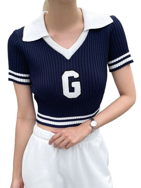 

dazy letter pattern striped trim crop knit e0zy#, White;black