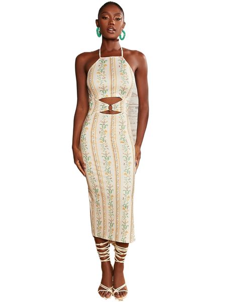 

floral print o-ring cut out split hem tie backless halter dress k6bz#, Black;gray