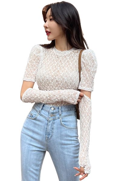 

dazy puff sleeve sheer lace with arm sleeves without bra w3dg#, White