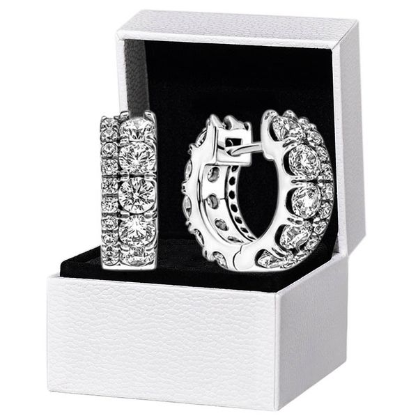 

women mens double band pave hoop earrings original gift box for pandora authentic 925 sterling silver party circle stud earring, Golden;silver