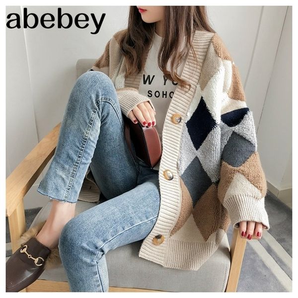 

women's sweaters autumn winter fashionable casual plaid v-neck cardigans single breasted puff sleeve loose sw658 201222, White;black