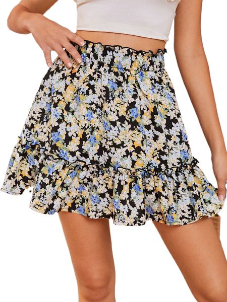 

floral print ruffle hem skirt w8qa#, Black