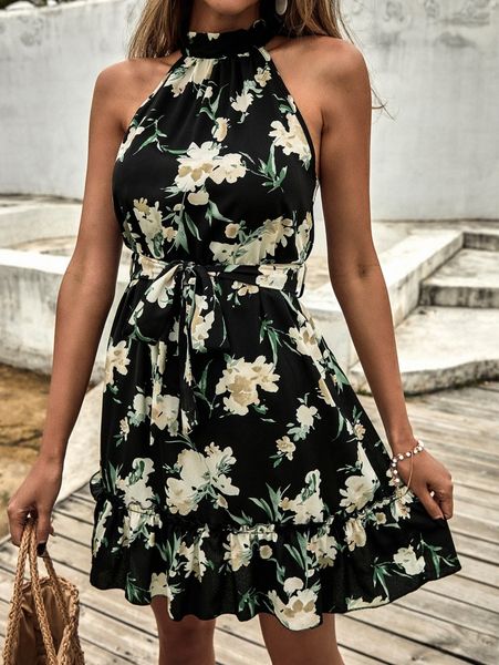

floral print halter neck ruffle hem belted dress c5gu#, Black;gray