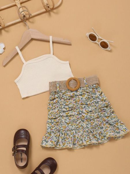 

toddler girls solid cami & ditsy floral ruffle hem belted skirt she, White