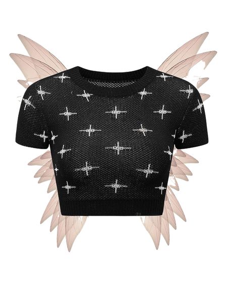 

graphic pattern crop knit l383#, White;black