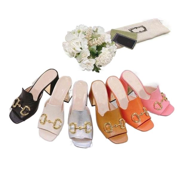 

2022 designer women high heels sandals fashion square toe slippers horsebit gold- toned slides party wedding pumps, Black