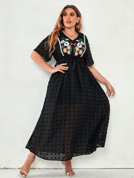 

plus contrast swiss dot mesh floral embroidery belted dress t0cv#, Black