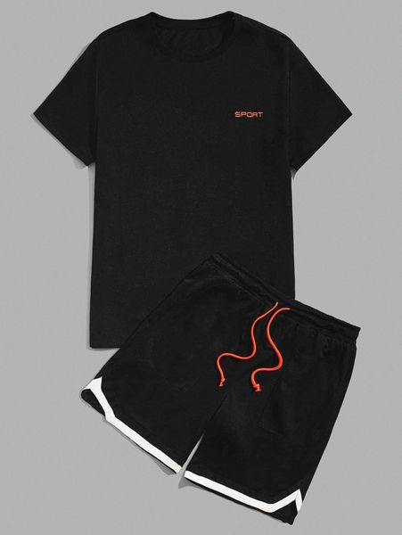 

men letter pattern tee & drawstring waist track shorts x7w6#, Gray