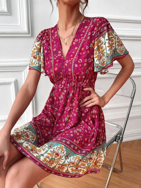 

floral print butterfly sleeve dress 82lf#, Black;gray