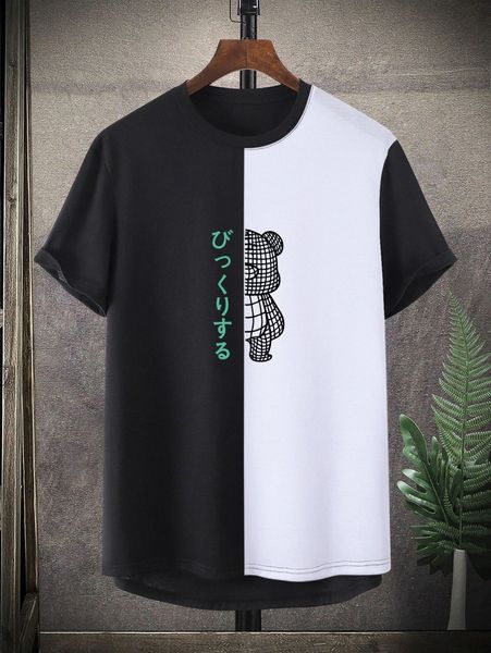 

men cartoon and japanese letter graphic two tone tee j8bl#, White;black