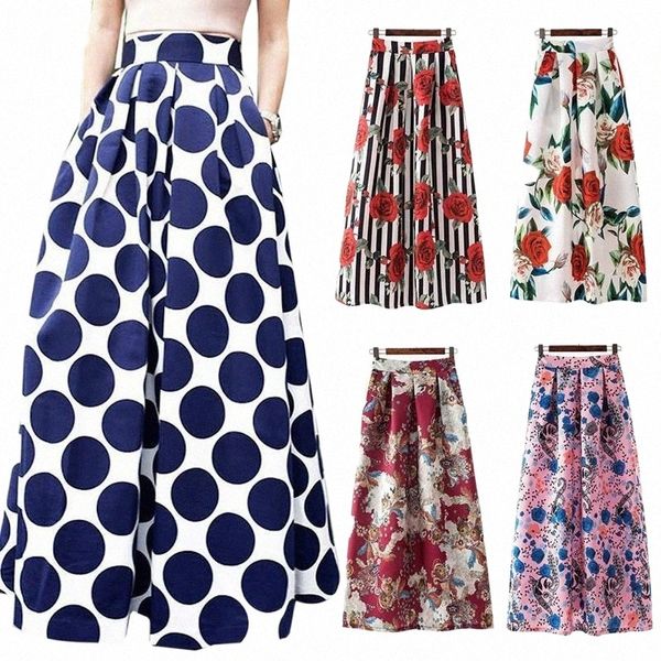 

skirts s-3xl floral long for women vintage retro high waist summer maxi womens swing floor-length 2022 jupe plus size o3pp#, Black