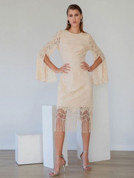 

motf premium lace fitted fringe split sleeve dress 04xc#, Black;gray