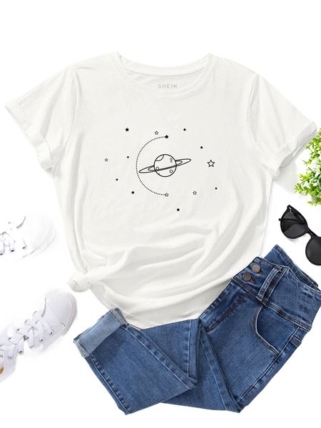 

planet print crew neck tee 25dx#, White