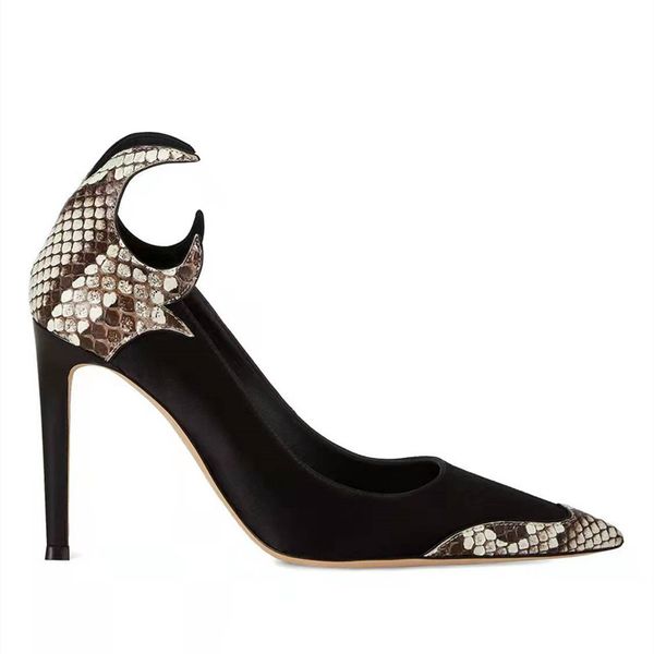 

spring and fall elegent dress shoes pointed toes stiletto heel fashion patchwork snake pattern party evening slip on chic women pumps luxury, Black