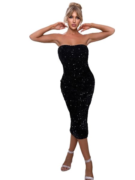 

joyfunear split back sequin bodycon tube dress n4z5#, Black;gray