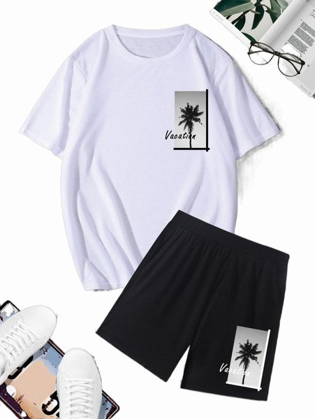 

men letter & coconut tree print tee & shorts n3hk#, Gray