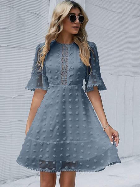 

swiss dot flounce sleeve guipure lace appliques dress x2jd#, Black;gray